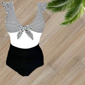 BLACK WHITE STRIPE RUFFLE FRONT TIE TWO PIECE SWIMSUIT